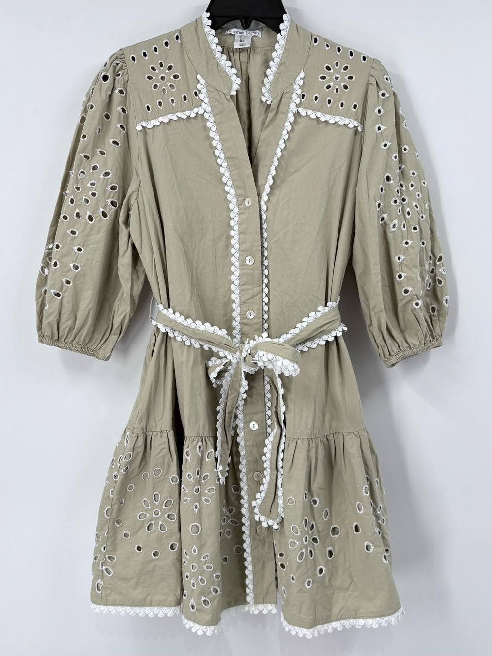 Christian Lacroix Olive Green Cotton Eyelet Mini Dress